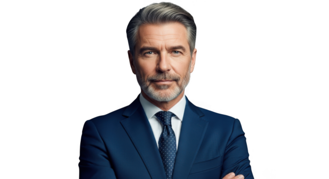 Mature businessman confidently posing with folded arms isolated on transparent background