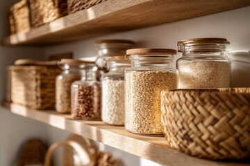 Pantry shelves with jars filled with grains and legumes