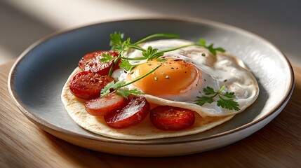 Delicious Fried Egg with Sliced Tomatoes and Fresh Herbs on a Plate Served for Breakfast