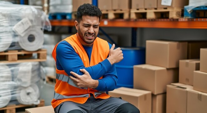Warehouse worker with elbow pain: workplace injury, safety compliance, and workers compensation claim guide