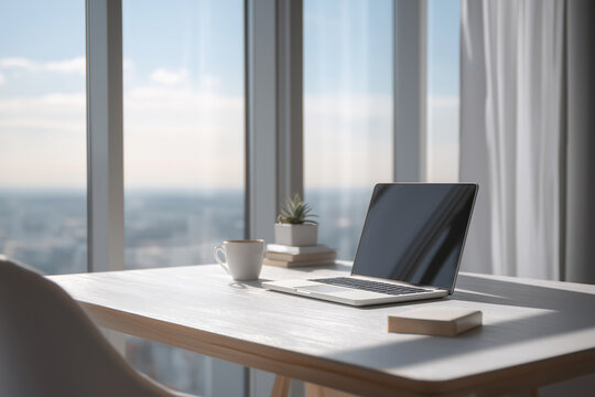 Workspace by large window, minimalist desk with laptop and notebook, modern clean office environment 