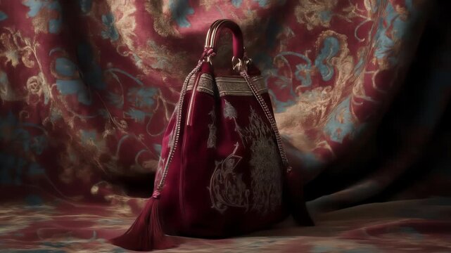 Exquisite maroon bag with intricate silver embroidery and tasseled drawstrings sits against a backdrop of patterned red and gold fabric, creating a luxurious and ornate visual.