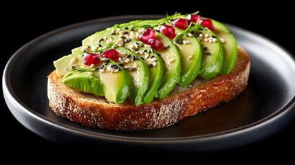 Elegant Avocado Toast Garnished with Pomegranate Seeds and Fresh Herbs on a Black Plate
