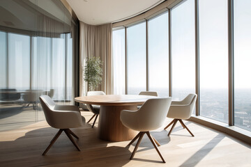 Minimalist meeting room with round wooden table, four modern chairs, floor-to-ceiling panoramic windows
