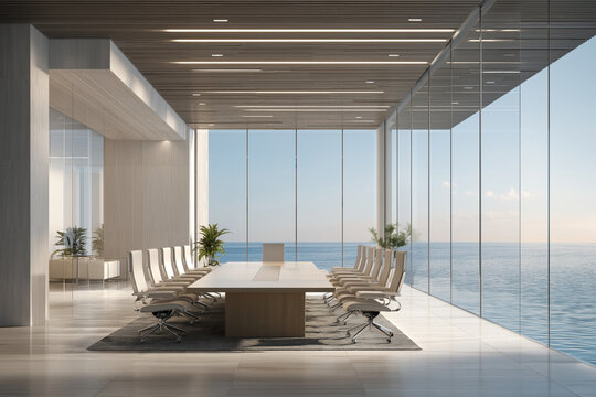 luxury conference room with floor-to-ceiling glass windows overlooking the ocean, large modern meeting table, minimalist design - Powered by Adobe