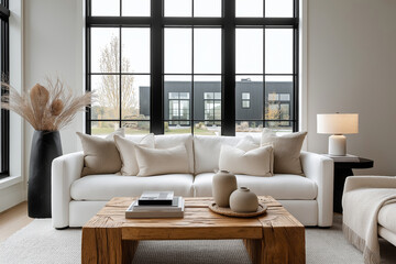 Modern minimalist living room, white sofa in front of large black frame windows, wooden coffee table, =