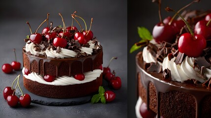 Decadent Chocolate Cake Topped with Cherries and Dark Chocolate Shavings on a Rustic Background