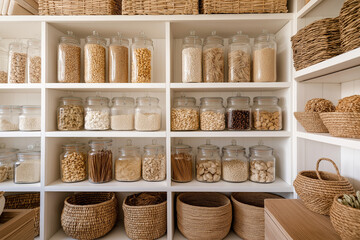 Well organized pantry with glass jars filled with grains, pasta, beans and wicker baskets on white shelves.