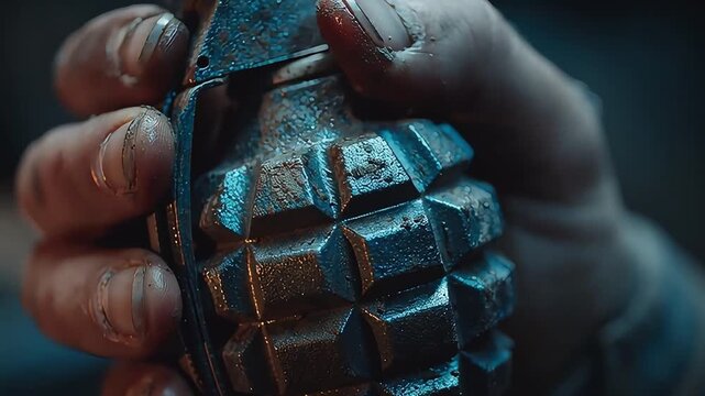 Dirty Hand Holding Military Grenade Close-Up