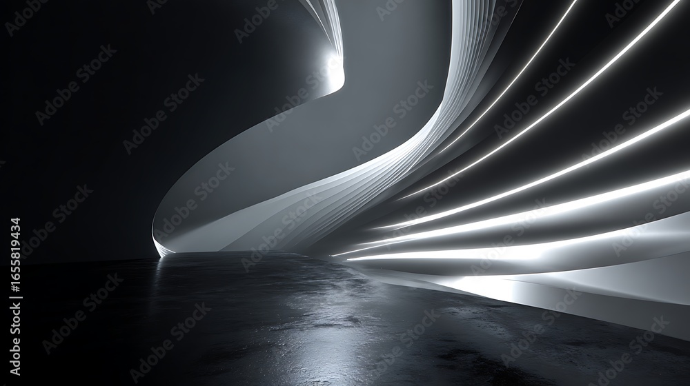 Poster futuristic illuminated tunnel with curved walls and shiny floor in a modern architecture, creating a