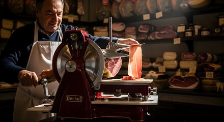 Deli Worker Slicing Prosciutto on Vintage Meat Slicer