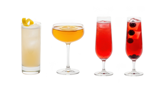 Four elegant cocktails arranged artfully on a transparent background isolated on transparent background