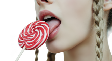 Close up of a person licking a red and white swirled lollipop isolated on transparent background