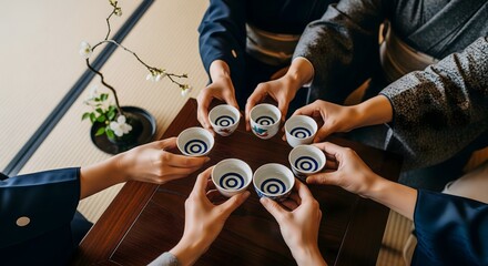 Japanese Sake Toast with Hands and Kimonos