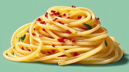 Plate of Spaghetti Garnished with Chili and Herbs on a Soft Green Background