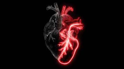 Heart with one half dark and depressed while the other half glows in vibrant red neon light on a black background