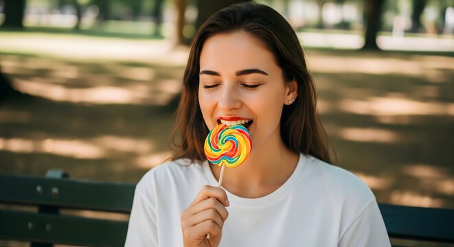 Happy Young Woman Enjoying Rainbow Lollipop Outdoors