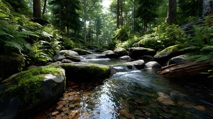 Obraz premium Sunlit Forest Stream Flowing Through Mossy Rocks Surrounded by Lush Greenery in a Tranquil Setting