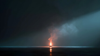 Obraz premium Minimal glowing flame rising in complete darkness with ethereal fog and cinematic shadows for a mystical album cover