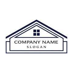 Minimalist dark blue house logo with windows and text space home real estate