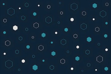 Abstract dark blue background with scattered geometric shapes and dots