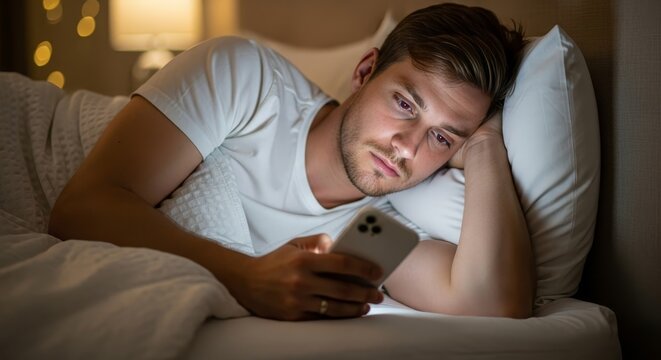 Man using phone in bed at night insomnia sleep problems digital addiction social media scrolling device use