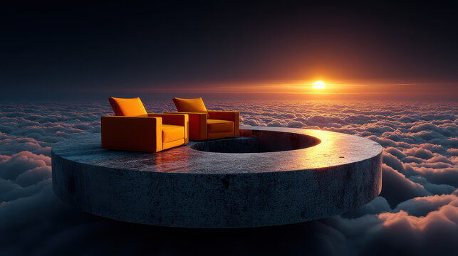 Hyper-realistic animation glowing circular stage floating above clouds at golden hour - Powered by Adobe