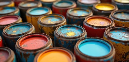 Collection of open paint cans in various colors, including blue, orange, red, showing contents. Cans show rust, wear, suggesting age outdoor storage. Proper hazardous waste disposal, recycling of