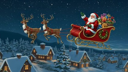 Santa Claus sleigh flying over snowy village at night - Powered by Adobe