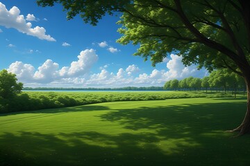 Naklejka premium Lush green meadow under a bright blue sky with fluffy white clouds