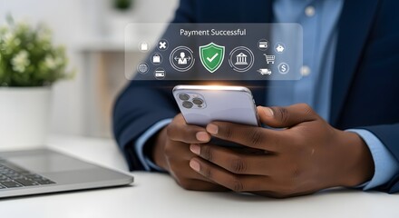 Secure online payment successful on mobile phone for e commerce and banking transaction concept image