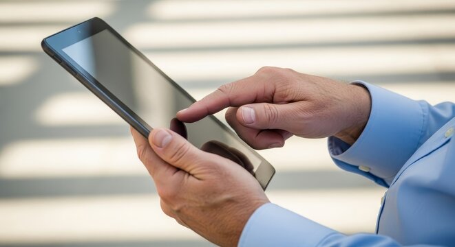 Using tablet device businessman tapping screen for digital technology and business concept use 96 char