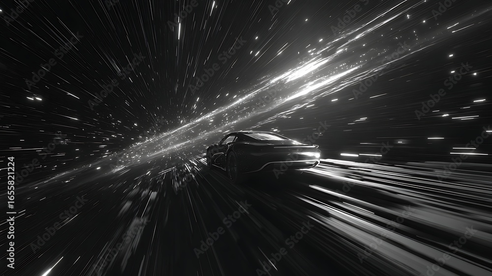 Poster futuristic car speeding through a dark tunnel with blurred lights and stars, creating a dynamic and 