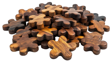Stack of wood puzzle pieces, star-shaped, varied warm browns and wood grain