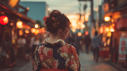 Obraz premium Japanese Woman in Kimono Walking through Lantern Street during Kasuga Wakamiya On-Matsuri Festival Evening Celebration in Nara Japan Tradition