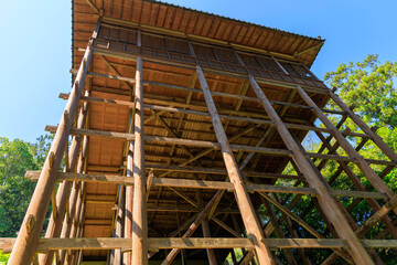 Fototapeta premium Kakezukuri Wooden Architecture of Sanroden at Sukuna Hikona Shrine in Ozu Ehime