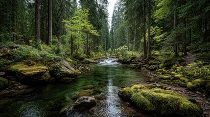 Fototapeta premium Serene stream flows through lush, moss-covered forest