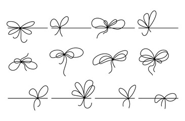 Simple hand-drawn gift ribbon bow with a neat knot in minimal outline style. Thin line vector icon set in clean doodle style. Perfect for present boxes, cards, and design elements