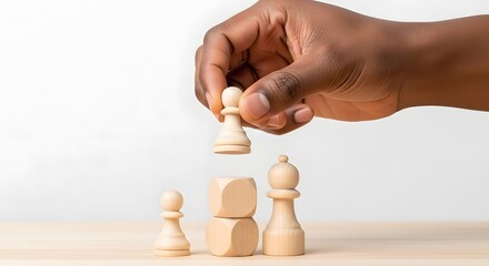 Business strategy concept: hand placing chess pawn on wooden blocks, leadership and success theme