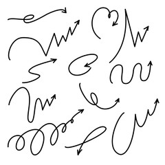 Bounce, quirky squiggly arrow lines with spiral and twist designs. Playful jump hand drawn elements. Includes ball motion paths for sports. Vector illustration isolated