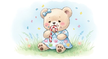 Cute cartoon teddy bear holding a candy cane surrounded by confetti illustration