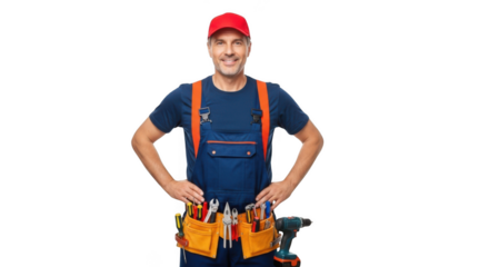Smiling construction worker with tool belt and red cap isolated on transparent background