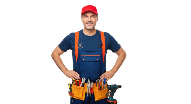 Smiling construction worker with tool belt and red cap isolated on transparent background