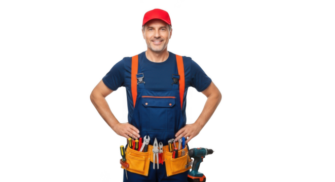 Smiling construction worker with tool belt and red cap isolated on transparent background