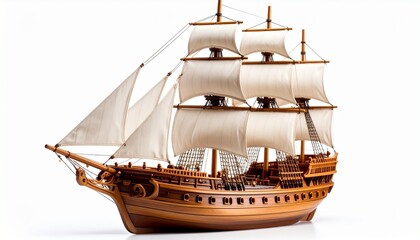 Detailed wooden sailing ship model with three masts and white fabric sails, brown hull featuring cannons
