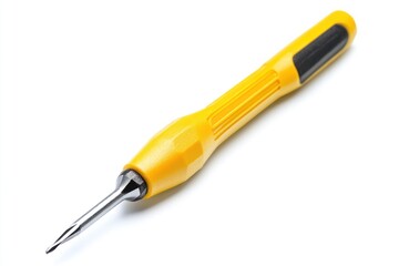 Yellow screwdriver with black grip on a white background