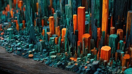 Colorful wooden cityscape of geometric shapes.