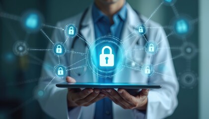 Doctor uses tablet with glowing network of secure medical data. Blockchain technology enhances healthcare security, patient record management, data transparency. Revolutionizes digital health