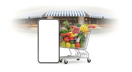 A shopping cart filled with fresh fruits and vegetables next to a blank smartphone screen in front of a grocery store