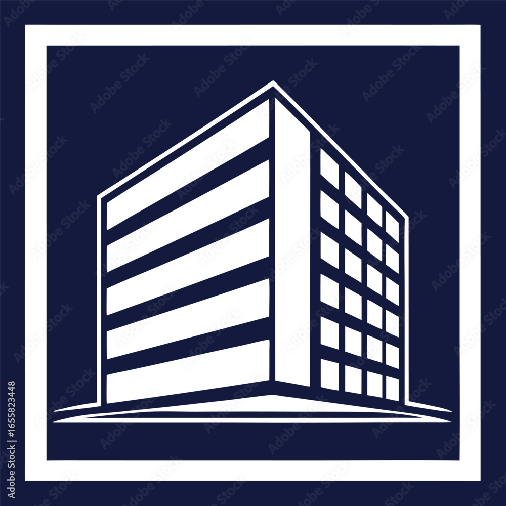 Aufkleber white building icon with windows on dark blue background within a frame architecture symbol